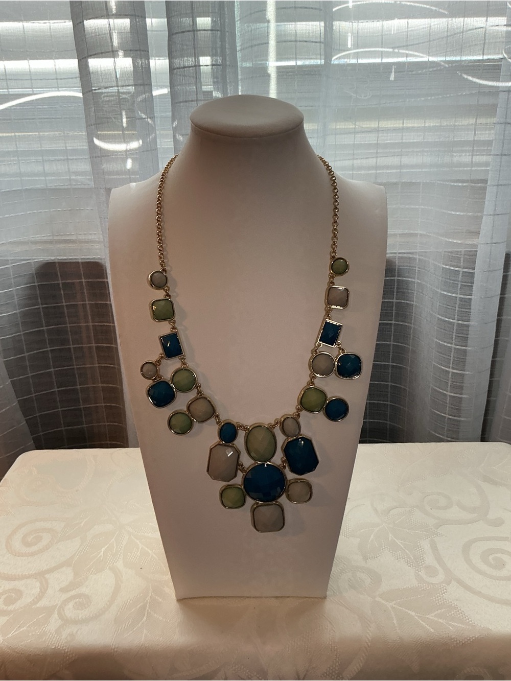 Gold-Tone Statement Necklace with Blue, Green & Cream Stones